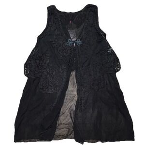Pretty Angel Tunic‎ Vest L Black Silk Blend Layered Lace Boho Fairy Grunge NEW